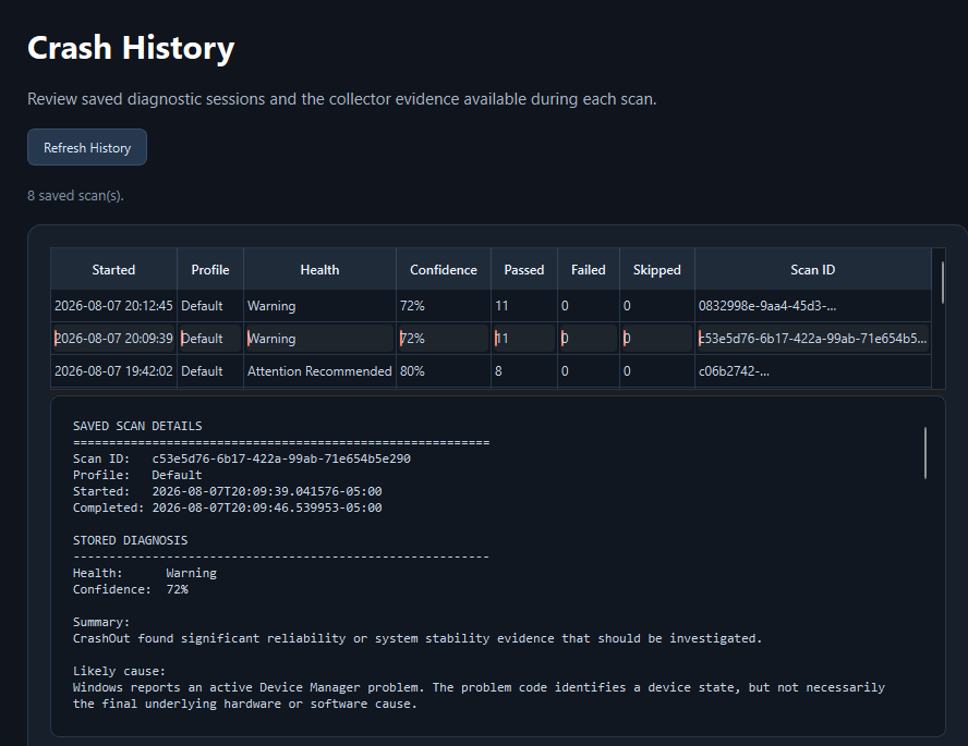 CrashOut history screen