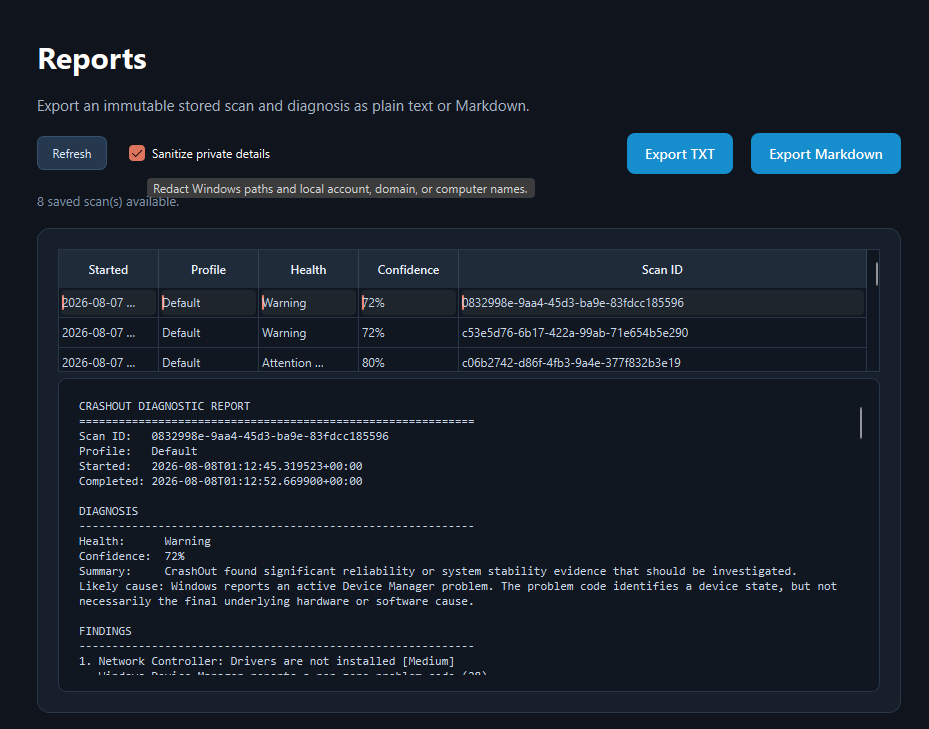 CrashOut reports screen