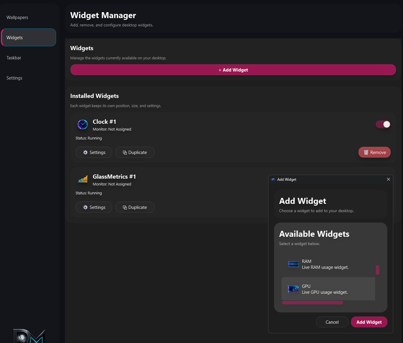 GlassCoreUI desktop widget collection